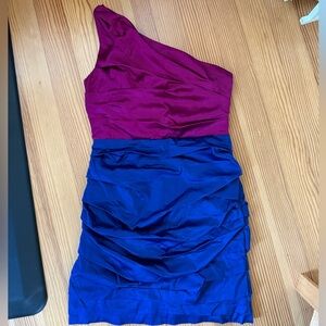 Express Ruched One Shoulder Mini Dress, Pink/ Blue, size 10